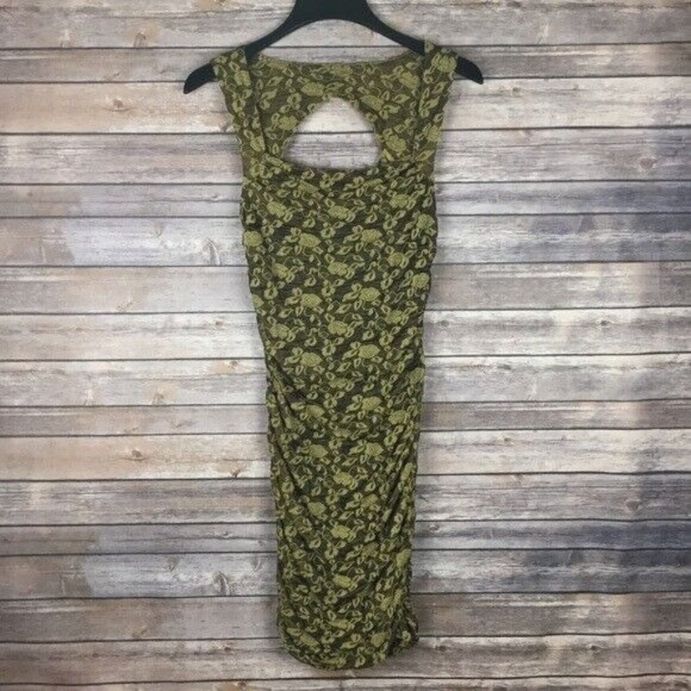 Free People Gold Floral Ruched Bodycon Dress Large Open Back Knit Sleeveless